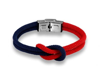 Armband mit Kreuzknoten rot und blaue Kordel